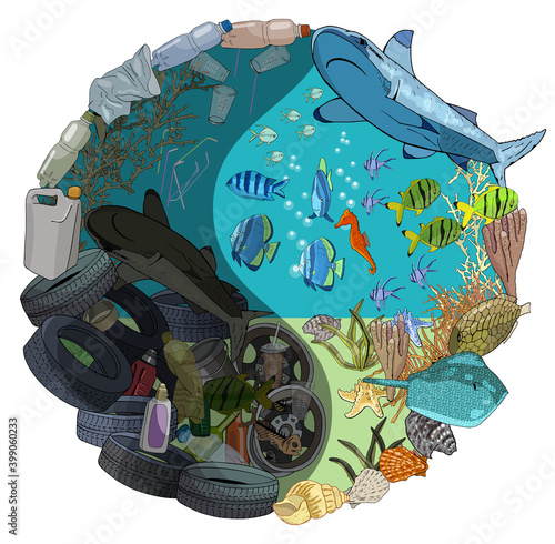 The concept of ecological catastrophe of garbage and waste in the ocean.