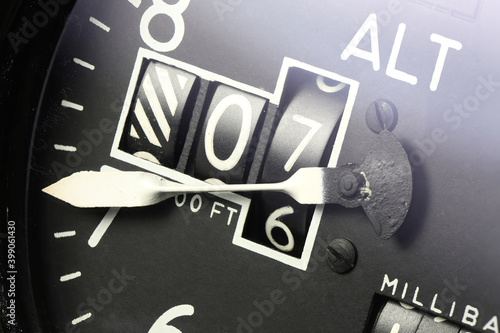 close up of analogue aviation altimeter