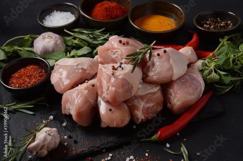 Raw uncooked chicken legs for barbecue grill   Meat with ingredients for cooking