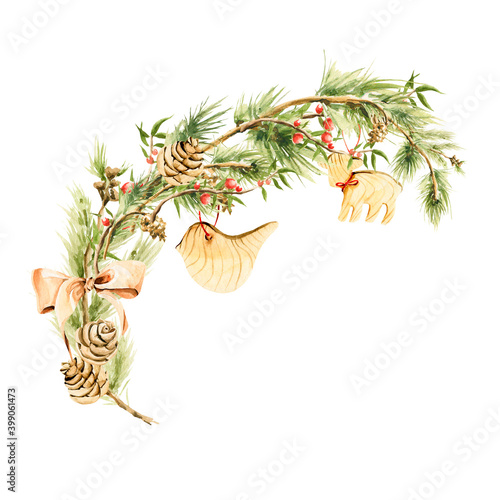 Watercolor Winter Christmas Clipart. Hand painted new year floral composition of pine cones, fir tree branches, wooden toys. Floral illustration for design, print or background