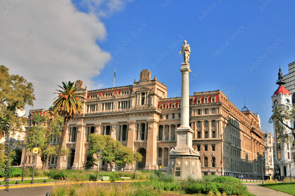 Palace of Justice of the Argentine Nation in Buenos Aires with monument of General Lavalle