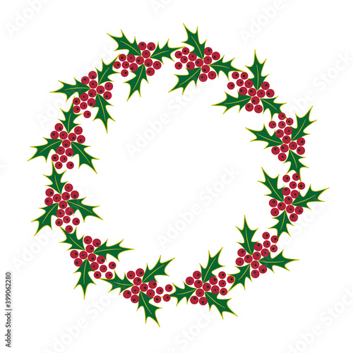 Holly Christmas Wreath with white leaves and red berries. Hand-drawn vector, flat style. A symbol of eternal life and rebirth. Frame for decorating New Year's greeting cards. Decor for print and web.  © marinadesigner