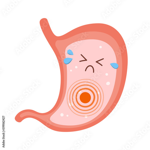 Human stomach sad character. Gastritis, indigestion and stomach pain problems. Vector flat cartoon illustration on white background