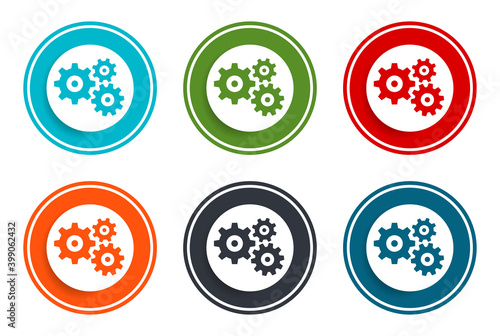Settings gears icon flat vector illustration design round buttons collection 6 concept colorful frame simple circle set
