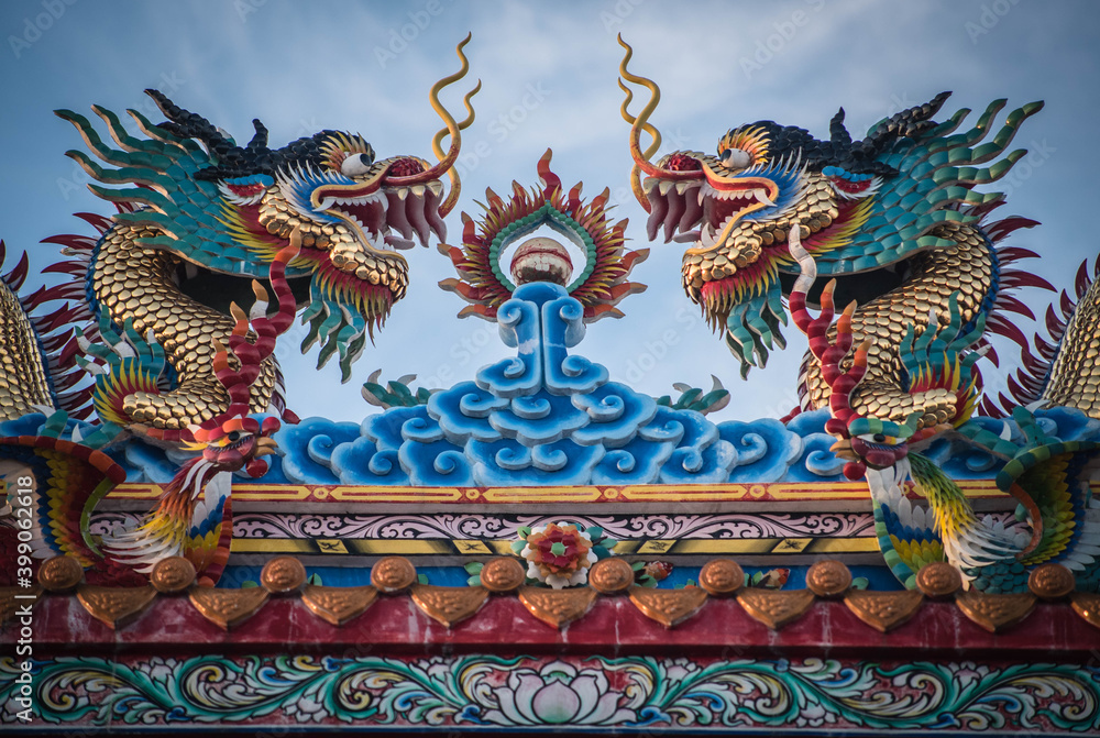 Ambush at a Chinese shrine gate, a pair of dragons, Naklua, Pattaya, Thailand