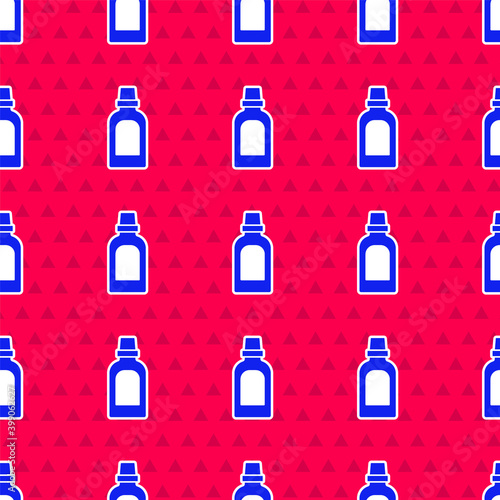 Blue Plastic bottle for laundry detergent, bleach, dishwashing liquid or another cleaning agent icon isolated seamless pattern on red background. Vector.