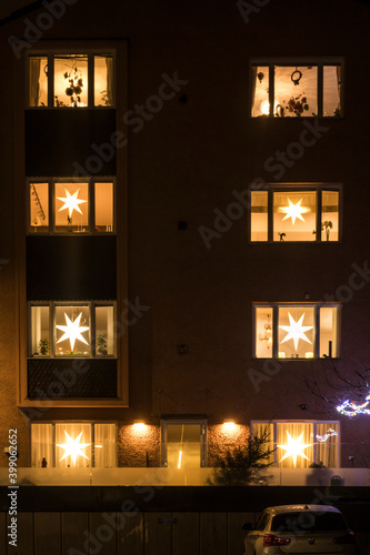 Stockholm, Sweden An apartment building on Lidingo decorated at Christmas.