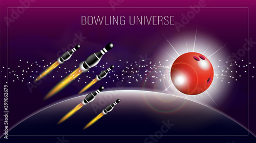 Abstract poster with the inscription bowling universe. Flying skittles with fiery jets. Luminous ball in the form of a radiant star against the background of outer nebula space. EPS10
