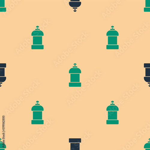 Green and black Plastic bottle for laundry detergent, bleach, dishwashing liquid or another cleaning agent icon isolated seamless pattern on beige background. Vector.