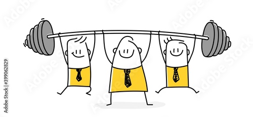 Leadership concept. Cute stickman holding a heavy barbell with his partners.