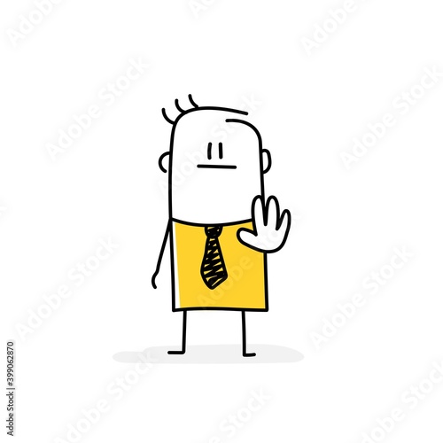 Stop sign, no entry concept. Stickman showing palm as stop sign, stay, hold or rejection gesture.