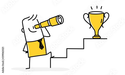Growth opportunities concept. A handsome man with a spyglass standing in front of a ladder and a goblet on the highest step.