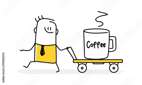 Cute stickman carries a large cup on a trolley with the inscription coffee.