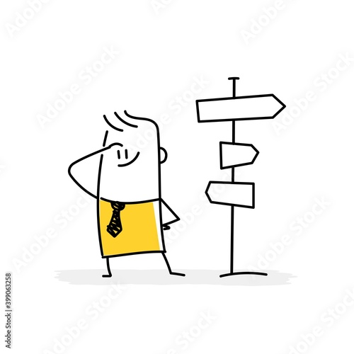 Pointer, pointer at the intersection says here, there and next to him the lost stickman. Choice or finding a solution, the right way.