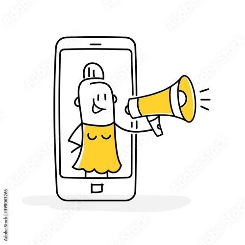 Concept of referral marketing, refer a friend loyalty program. Stick woman from smartphone shout on megaphone.