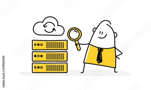 Business intelligence and business rules, big data analytics. Stickman with a magnifier. 