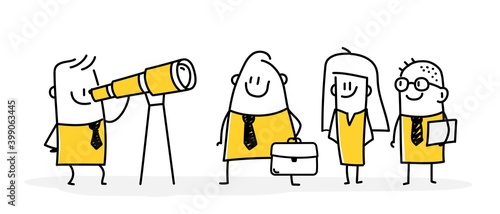 Recruiting concept. Funny stickman looking through a spyglass. Little people stand in line.