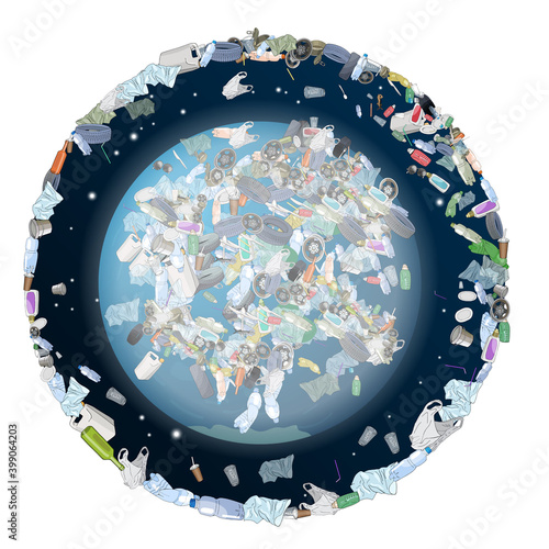 The problem of pollution of the planet. Space debris. The garbage, plastic, bags on the planet.