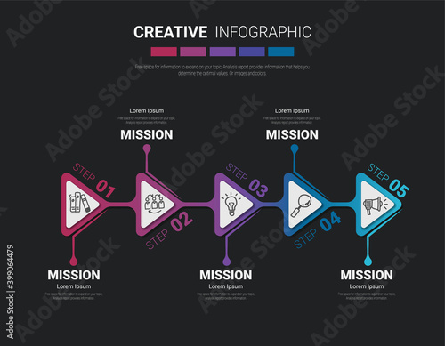 Presentation infographic template with 5 options, vector infographics design and marketing icons can be used for workflow layout, steps or processes.