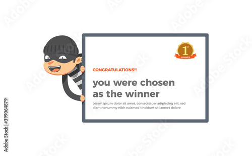A thief behind a congratulation's message. Vector illustration