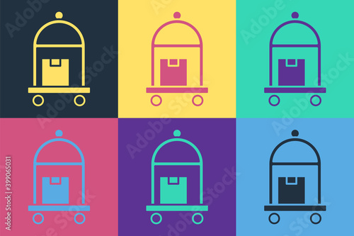 Pop art Hotel luggage cart with suitcase icon isolated on color background. Traveling baggage sign. Travel luggage icon. Vector.
