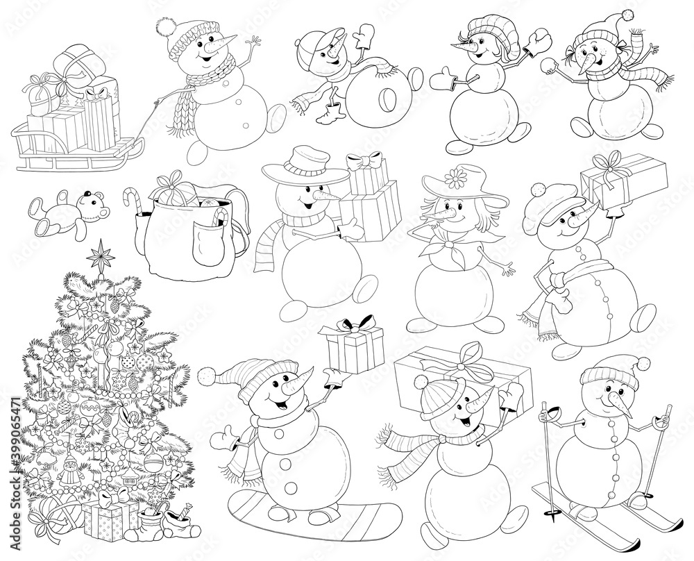 New Year. Christmas. Set of cute snowmen. Coloring page. Illustration for children. Cute and funny cartoon characters