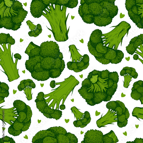 Juicy Green Broccoli and little hearts colorful fresh Vegetable Seamless Pattern, isolated on white.