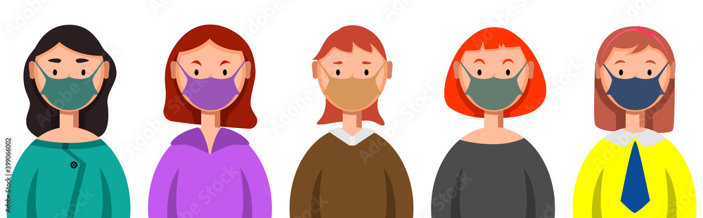 Different women in masks. People in medical masks, virus protection. Different women in masks. People in medical masks, virus protection.