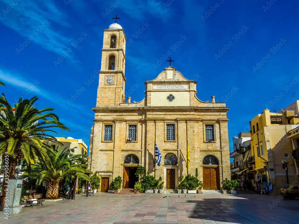 A view of the Trimartiri cathedral in Chania, Crete on a bright sunny day