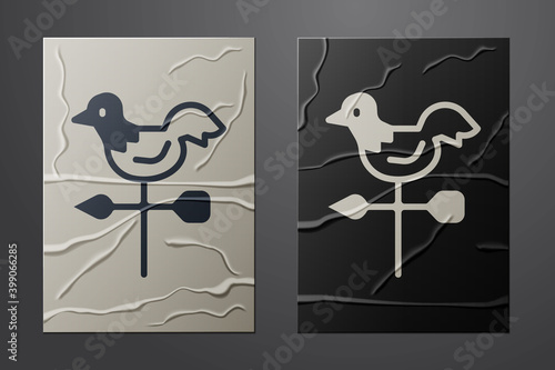 White Rooster weather vane icon isolated on crumpled paper background. Weathercock sign. Windvane rooster. Paper art style. Vector.