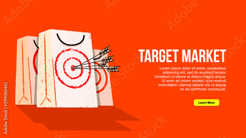 target market, aimed arrows shopping bag as a target. business metaphors for target market vector illustration