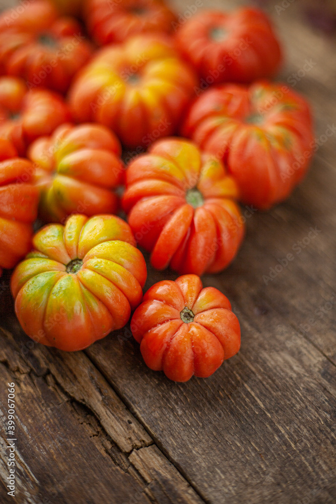 Red ribbed tomatoes on a wooden background. American or Florentine variety Nina. Food on the table top view. Autumn harvest of vegetables similar to flowers and pumpkins.Ribby tomato. Red ribbed tomatoes on a wooden background. American or Florentine variety Nina. Food on the table top view. Autumn harvest of vegetables similar to flowers and pumpkins.Ribby tomato.