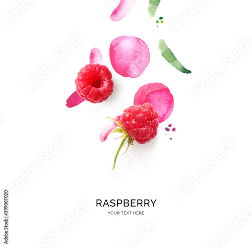 Fototapeta Naklejka Na Ścianę i Meble -  Creative layout made of raspberry with watercolor spots on the white background. Flat lay. Food concept.