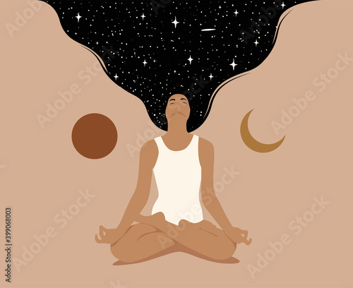 Fotografie, Obraz Meditation or mindfulness or dreaming concept with woman sitting in lotus pose with crossed legs and raised dark hair with starry space texture