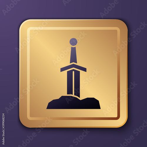 Purple Sword in the stone icon isolated on purple background. Excalibur the sword in the stone from the Arthurian legends. Gold square button. Vector.