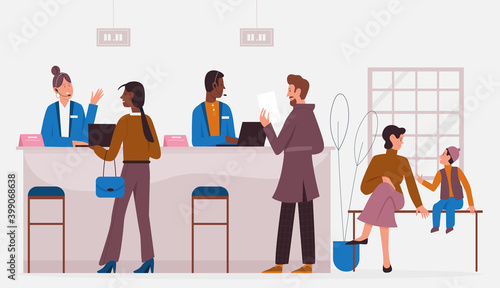 Bank office working with clients, banking service vector illustration. Cartoon customer characters visit professional bank consultant or finance manager for consulting in financial problems background