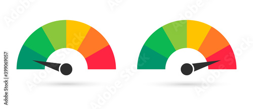 Set of colorful speedometers. Scale with arrow. Level satisfaction. Credit score indicators. Colored infographics.