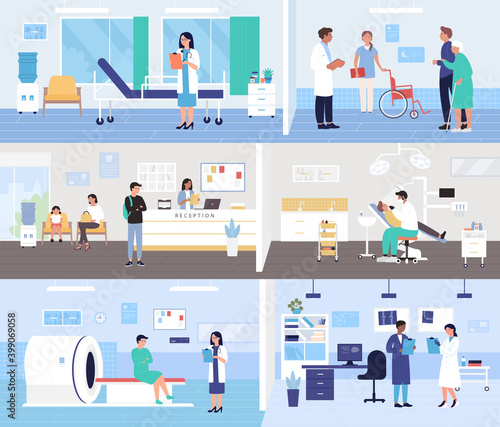People patients and doctors in hospital interior vector illustration set. Cartoon man woman characters wait doctor medicine appointment in reception room, visit medical worker for diagnosis background