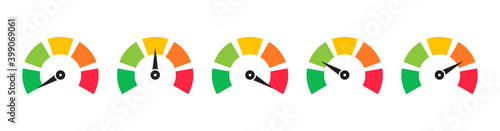 Set of colorful speedometers, tachometers or gauges. Scale with arrow. Level satisfaction. Credit score indicators. Colored infographics.