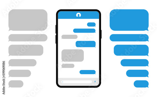 Smartphone with blue message bubbles. Speech bubbles for chat. Phone chat screen and text sms. Messenger interface. Vector.