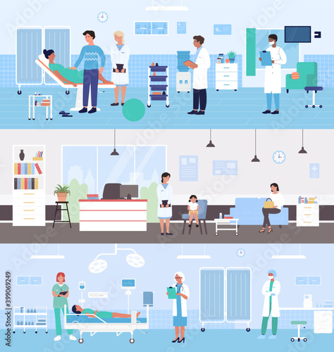 Healthcare medicine hospital service vector illustration set. Cartoon doctor character examining pregnant woman patient in medical ward, family with kid waiting pediatrician examination background