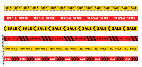Set of discount and sale tapes. Big and mega sale stripes. Special offer. Red and yellow striped borders. Vector