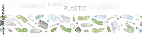 Different kinds of plastic garbage. Seamless pattern brush. The concept of ecology and the World Cleanup Day.