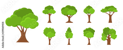 Set of trees in flat style. Nature and organic trees. Green planet icons.