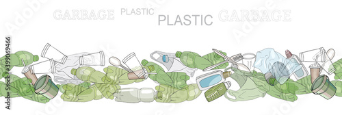 Different kinds of plastic garbage. Seamless pattern brush. The concept of ecology and the World Cleanup Day.