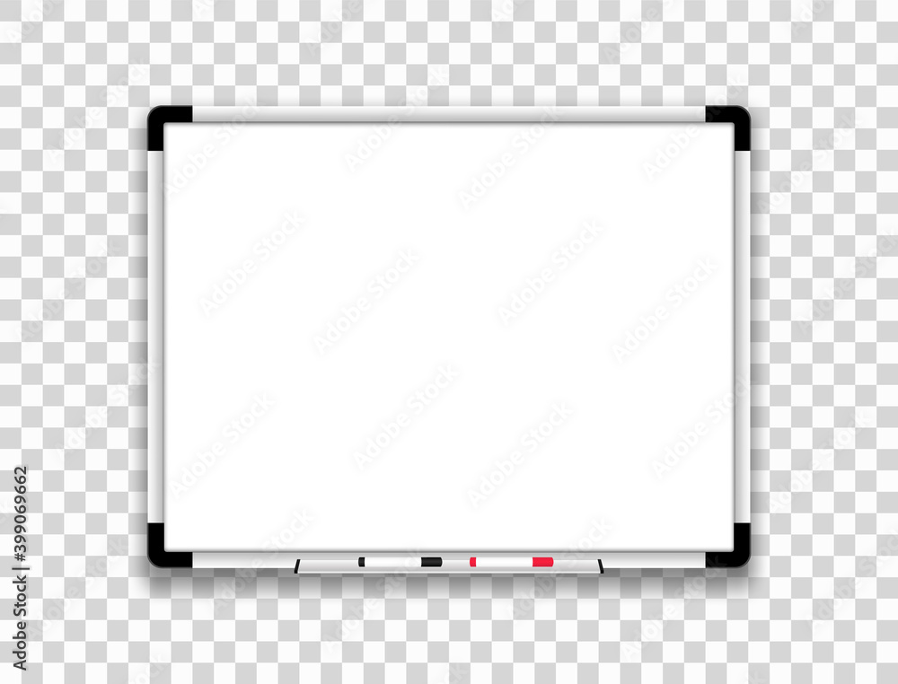 Realistic whiteboard. Office board with marker pens. Empty board. Mock up white magnetic board. Scool blackboard. Space for your text and design. Realistic whiteboard. Office board with marker pens. Empty board. Mock up white magnetic board. Scool blackboard. Space for your text and design.