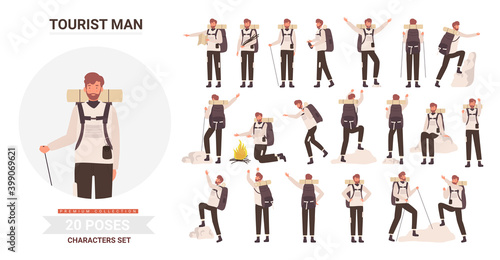 Man tourist traveler adventure poses vector illustration set. Cartoon bearded young male hiker character with backpack posing in tourism activity, traveling, hiking and climbing isolated on white photo