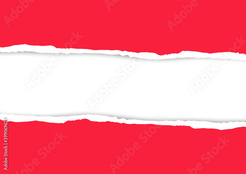 Torn red paper on white background. Torn a half sheet of horizontal. Background for design advertising banners.