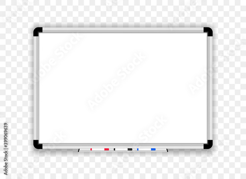 Realistic whiteboard. Office board with marker pens. Empty board. Mock up white magnetic board. Scool blackboard. Space for your text and design.