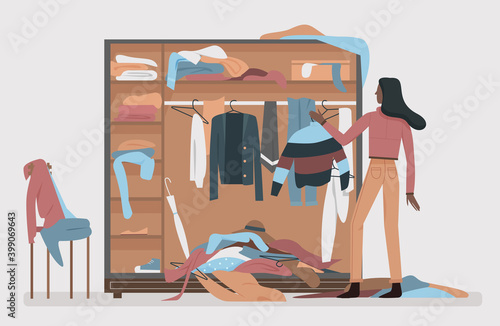 Messy closet, dressing home room interior vector illustration. Black african american woman worried about mess in open wardrobe, standing next to pile of thrown clothes, untidy clutter.